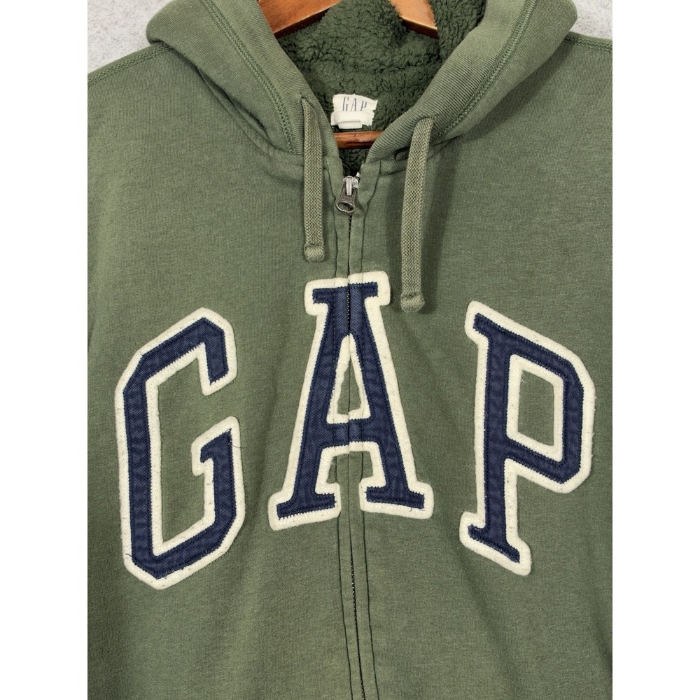 VTG GAP Hoodie Mens XL Olive Green Sherpa Lined Full Zip Navy Spellout Logo 90s